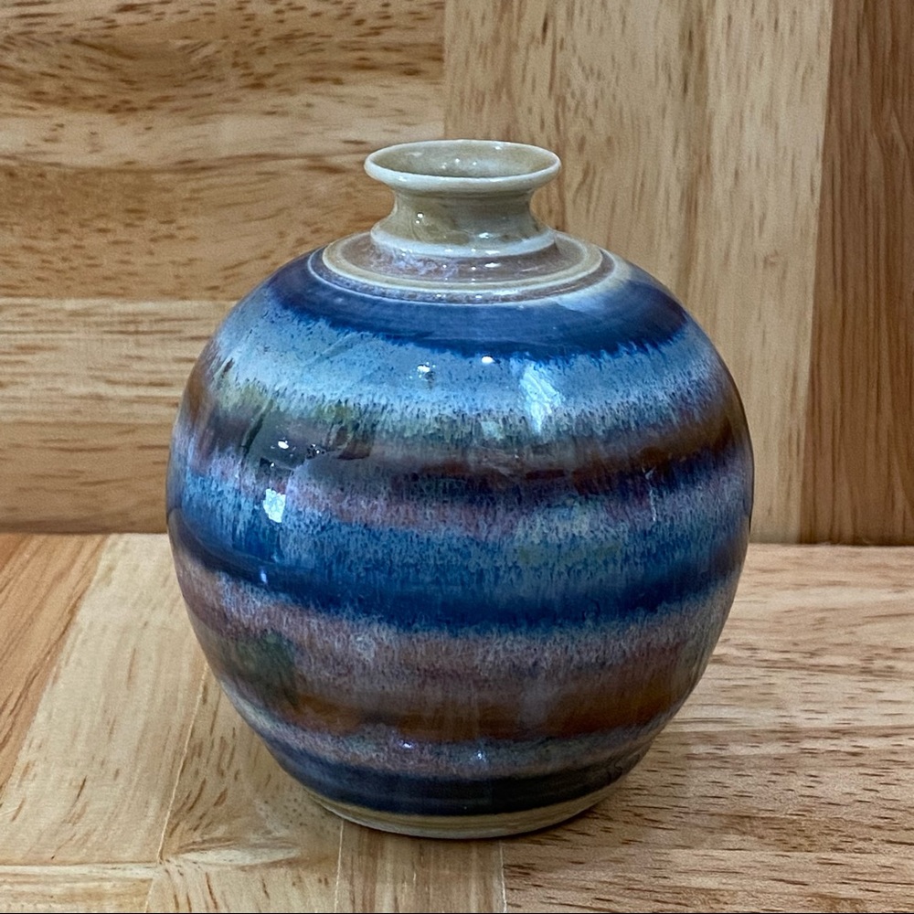 Vintage Blue/Brown Stripe Wave Glazed Ceramic Pottery 3.5” Mini Bud Vase